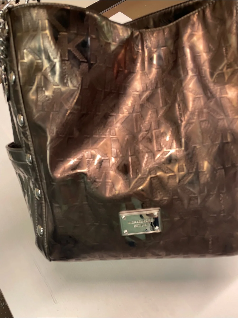 Michael Kors Metallic MK Logo Patent Tote Shoulder Bag Silver Bronze Glam